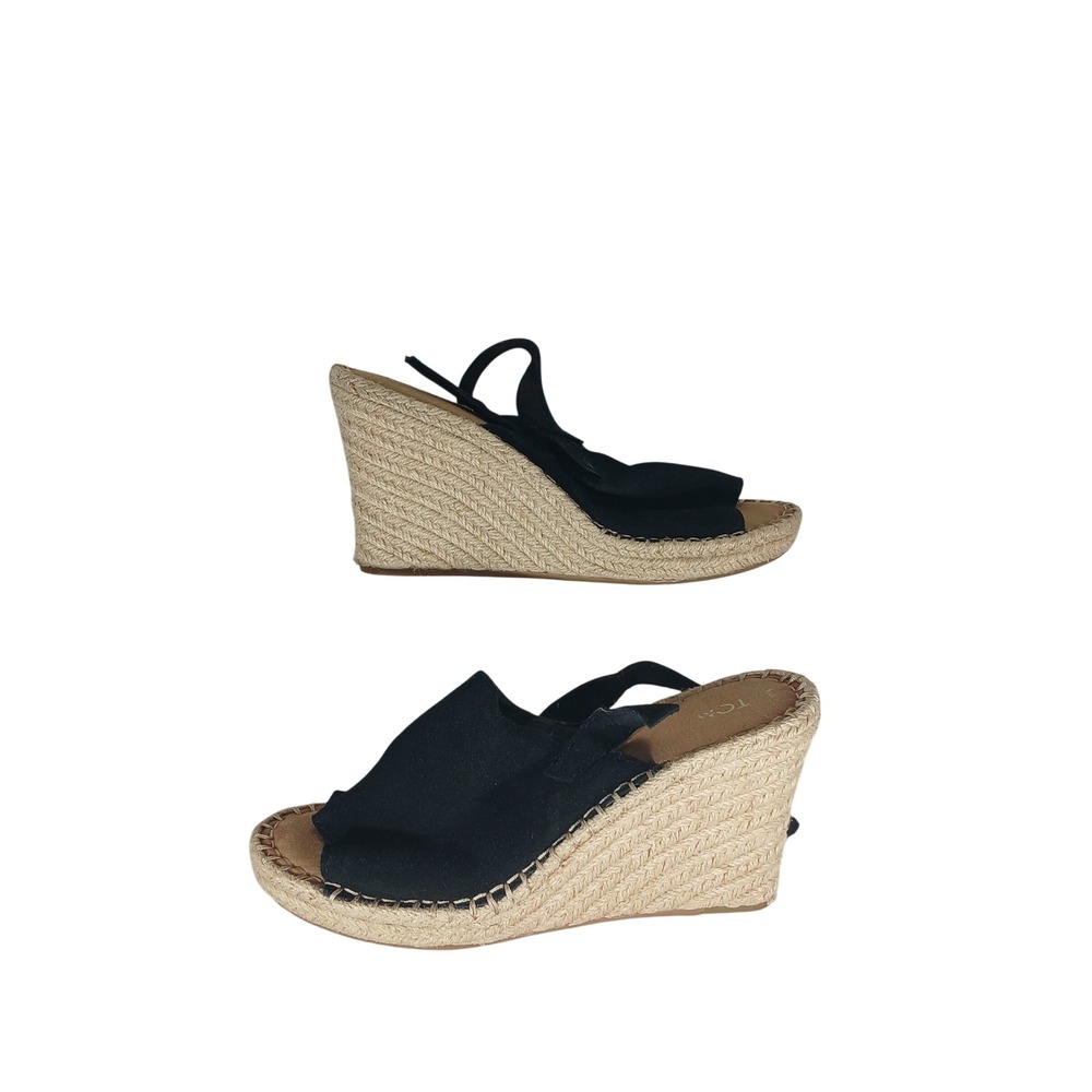 TOMS Monica Espadrille Wedge Sandals 8 Black Suede Boho Coastal Summer